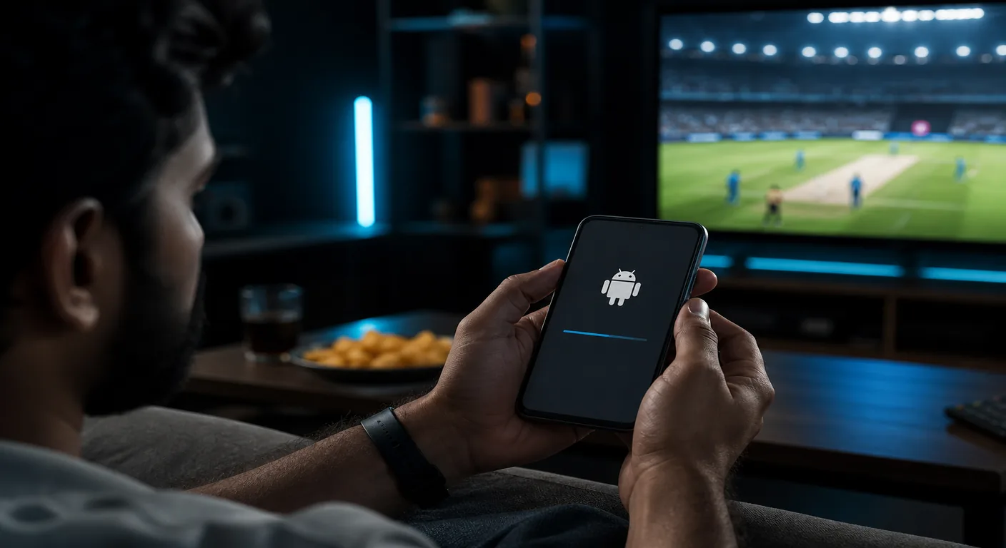 Android installer in hand, stadium bokeh