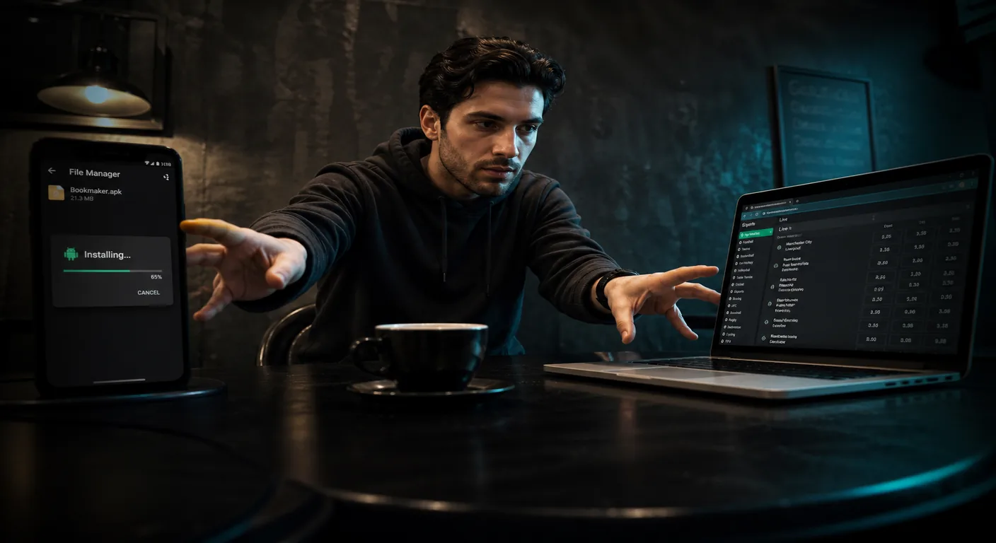 Cafe split scene: phone installing an APK on the left, laptop sportsbook browser on the right