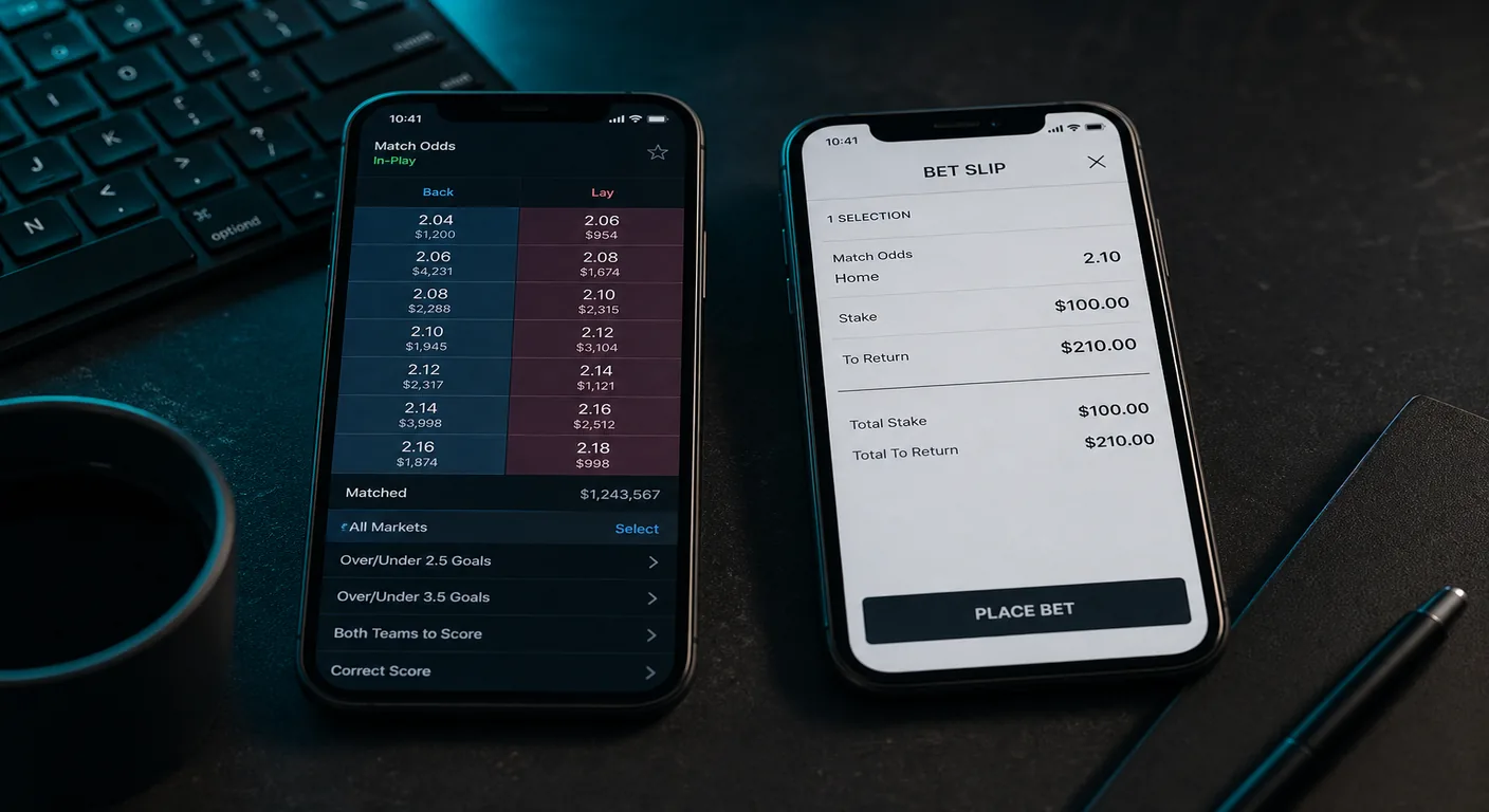 Two phones on a dark trading desk: generic odds ladders versus a simple match ticket, teal rim light