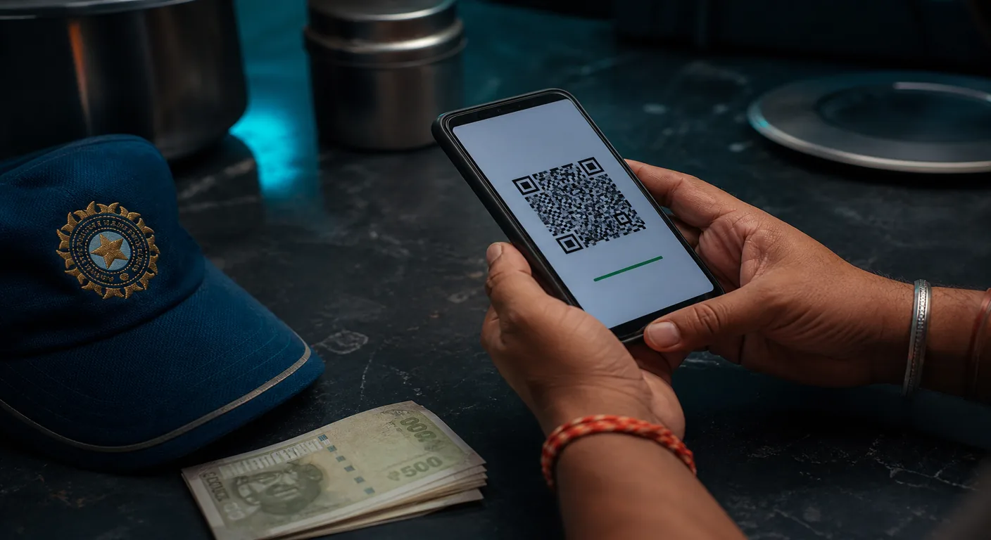 Hands holding a UPI QR phone next to rupee notes and a cricket cap on a dark kitchen table